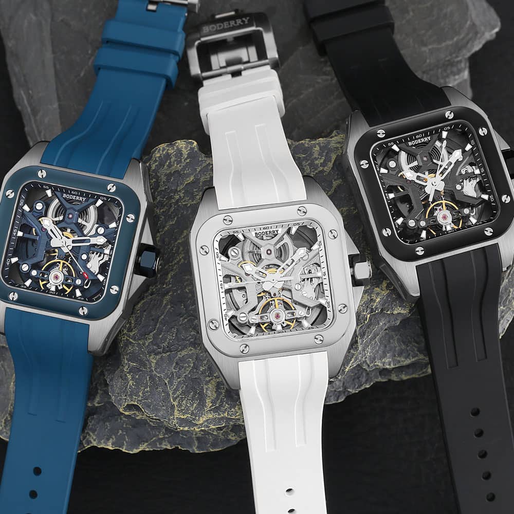 BODERRY Skeleton Watches Men's - Luxury Watch Rubber Strap ulasan dan harga