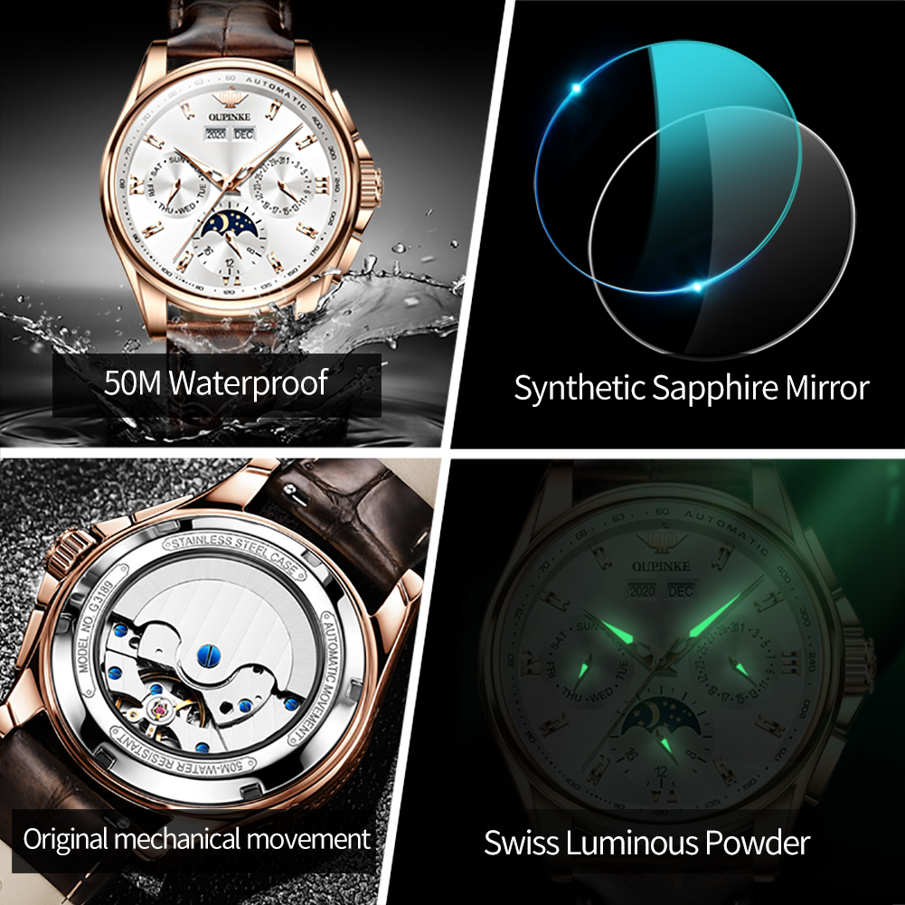 OUPINKE 3189 Men Fully Automat - Moonphase Complication Watch ulasan dan harga